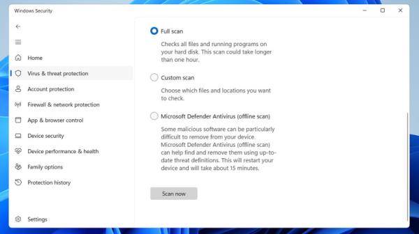 Full system scan in Windows Security
